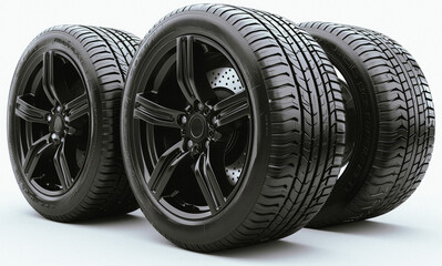 Car wheels with new tires on white background