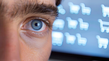 A mans eye gazes intently at a digital screen, reflected on his retina