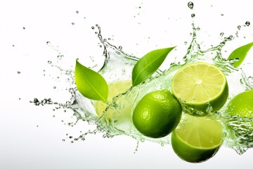 limes and leaves splashing into water