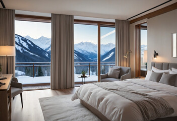 Panoramic view from a stylish modern bedroom to winter snowy mountains at sunrise