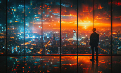 Businessman standing on the roof and looking at the city at night with beautiful sunset.