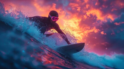 Surfing at Sunset. Young Man Riding Wave at Sunset. - obrazy, fototapety, plakaty