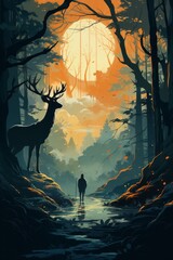 A man stands in the middle of a forest next to a deer during a hunting party, surrounded by trees and nature