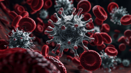 Red blood cells and virus-like particles float in a dark, microscopic environment.