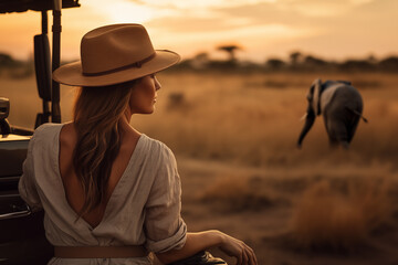 a woman watching the sunset from an all-terrain car in the African savannah with animals walking in the distance - 763095434
