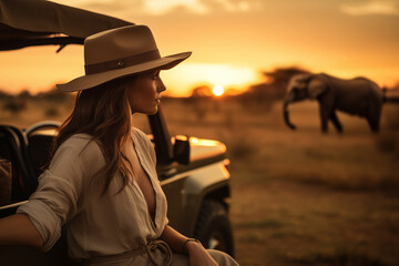 a woman watching the sunset from an all-terrain car in the African savannah with animals walking in the distance - 763095457