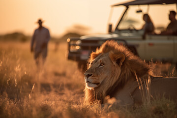 a lion in the foreground and in the background a tourist vehicle with people enjoying a safari through the African savanna - 763095459