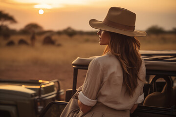 a woman watching the sunset from an all-terrain car in the African savannah with animals walking in the distance - 763095476