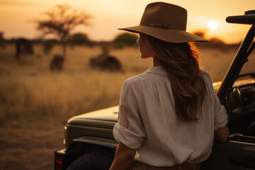 a woman watching the sunset from an all-terrain car in the African savannah with animals walking in the distance - 763095498