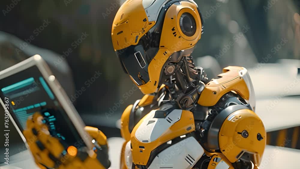 Poster futuristic efficiency: robot demonstrates animated work processes.