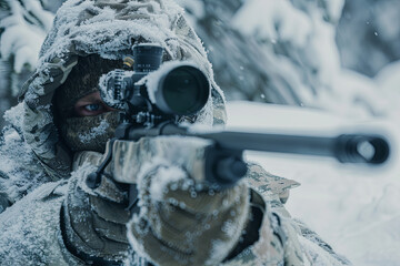 Sniper in a winter camouflage shoots from a rifle - obrazy, fototapety, plakaty