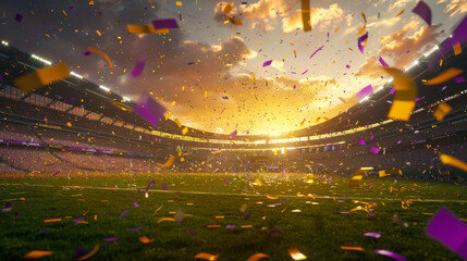 Confetti and fireworks fill the sky over a sunlit stadium with a cheering crowd.