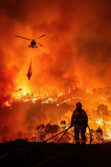 A helicopter swiftly flies over a forest ablaze with fire, potentially aiding in firefighting efforts or surveying the spreading flames - obrazy, fototapety, plakaty