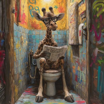 Funny giraffe sitting on a toilet reading a newspaper, whimsical animal painting in a colorful messy bathroom, humorous fantasy art print