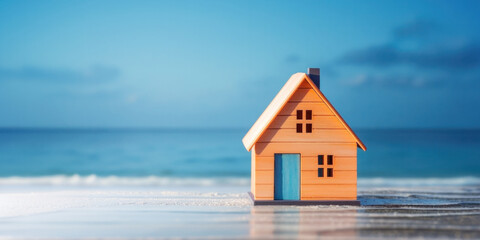 Mini wooden house model at sunset on beach with blue sky on background, beach home dreams. Compact living and tiny house movement. Holiday property rental and simplistic living. Banner with copy space