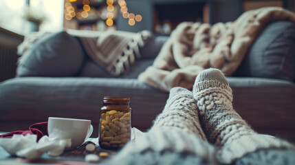 Feet in wool socks extend from under a blanket with cold remedies close by. - obrazy, fototapety, plakaty