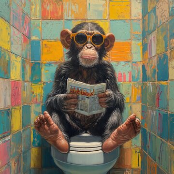 Whimsical chimpanzee wearing sunglasses reading newspaper on toilet, funny monkey bathroom art, colorful oil painting style wall decor
