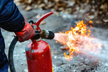 A fire extinguisher being used to extinguish flames by spraying its contents onto the fire in a controlled manner - obrazy, fototapety, plakaty