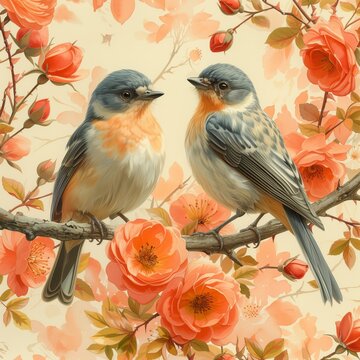 Colorful birds on tree branches painting