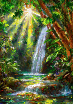 waterfall in very lush tropical jungle with beautiful light shining through the leaves in oil painting style