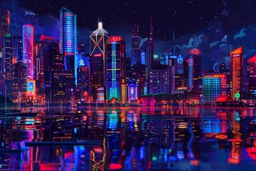 Panorama of the night neon city.