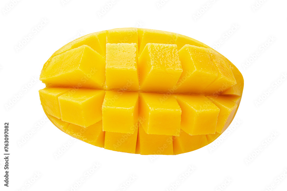 Wall mural mango fruit with mango cubes and slices isolated on a transaprent background