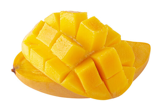 Mango fruit with mango cubes and slices Isolated on a transaprent background