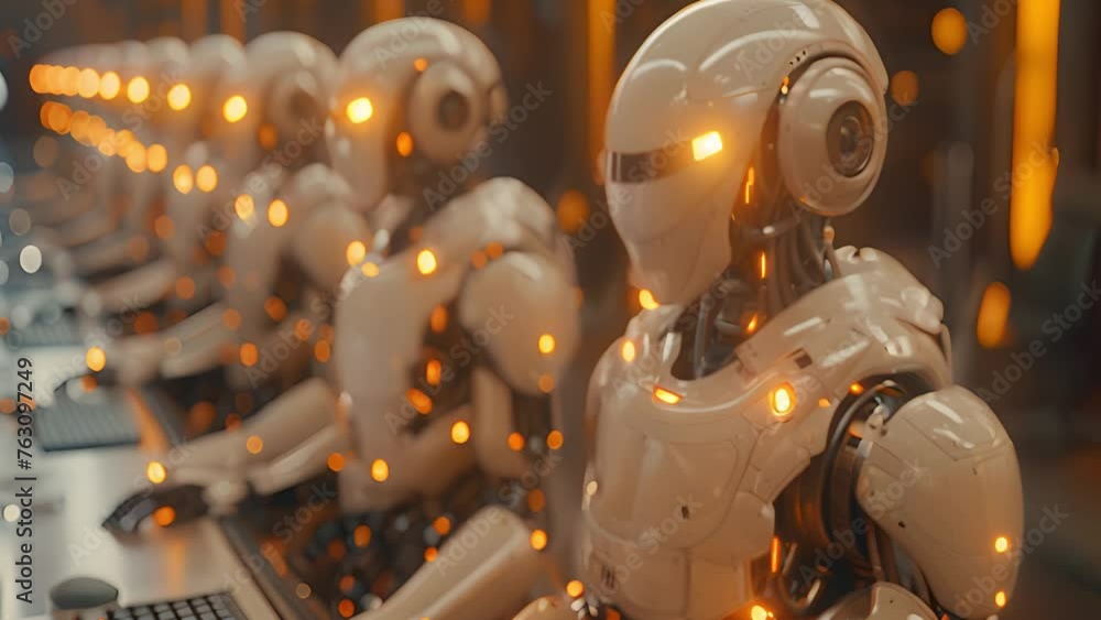 Poster robotic workforce: multiple robots working at computers.
