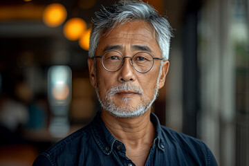 Asian man with a beard and glasses is standing in front of a wall. He is wearing a blue shirt. a 50 years old Singaporean man, grey hair but still some black hair, wearing glasses, middle income - obrazy, fototapety, plakaty