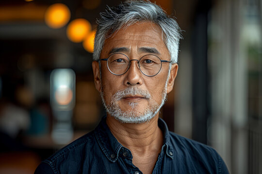 Asian Man With A Beard And Glasses Is Standing In Front Of A Wall. He Is Wearing A Blue Shirt. A 50 Years Old Singaporean Man, Grey Hair But Still Some Black Hair, Wearing Glasses, Middle Income