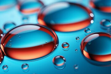 A detailed view showing numerous water droplets scattered across a smooth blue surface, creating a mesmerizing pattern with their spherical shapes and transparent appearance