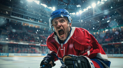 A hockey player exudes shouts of joy amidst the hockey stadium's ambiance, celebrating victory with intense emotions after winning the game, clad in a red hockey jersey. - obrazy, fototapety, plakaty