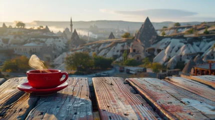 Fototapeten Göreme National Park Set amid the enchanting landscape of Cappadocia, Turkey, it is full of ancient architectural wonders. Stone-carved house and red coffee cup on a quiet morning. © Saowanee
