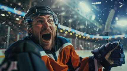 A hockey player exudes shouts of joy amidst the hockey stadium's ambiance, celebrating victory with intense emotions after winning the game, clad in a orange hockey jersey.