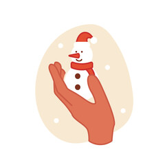 Hand Holding Snowman. Christmas illustration with snowman. Cute snowman in hat and scarf. Design element for card, banner, poster, Christmas invitation and greeting flyers. 