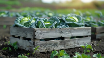 A wooden crate with cabbage in it in a field