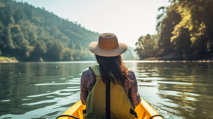 Woman enjoying a peaceful kayak excursion connecting w