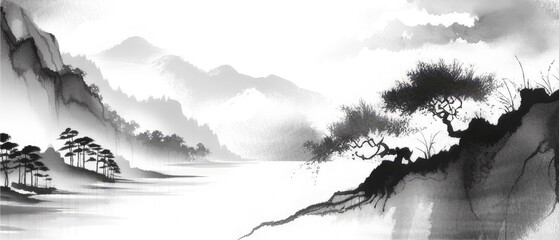 Black and white minimalist elegance landscape in chinese and japanese ink painting style. Serene mountains, tranquil lake - 763098478