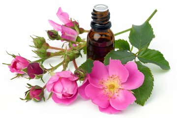 wild rose aromatic oil on white background, cosmetic product, exquisite ingredient for perfumes and cosmetic