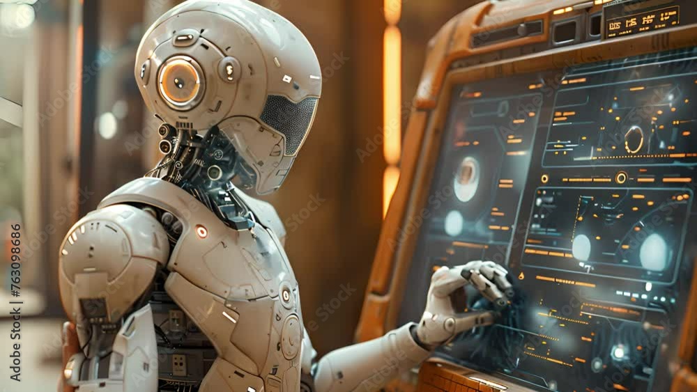 Poster dynamic automation: robot engages in animated workplace tasks.