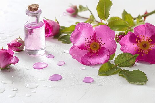 wild rose aromatic oil on white background, cosmetic product, exquisite ingredient for perfumes and cosmetic