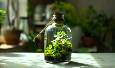 Moss and plants in one bottle on a table, Generative AI 