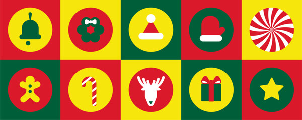 Christmas icons elements with geometric seamless vector pattern for wrapping paper, background, wallpaper.  Merry Christmas poster. Christmas icon set. Flat set of christmas vector icons