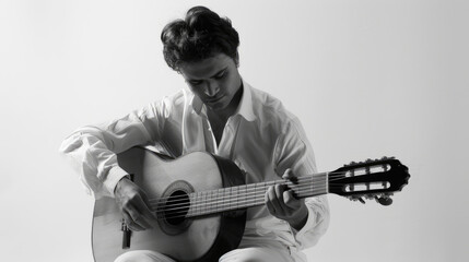 A man in casual clothing sits on a chair, playing a guitar with concentration and skill