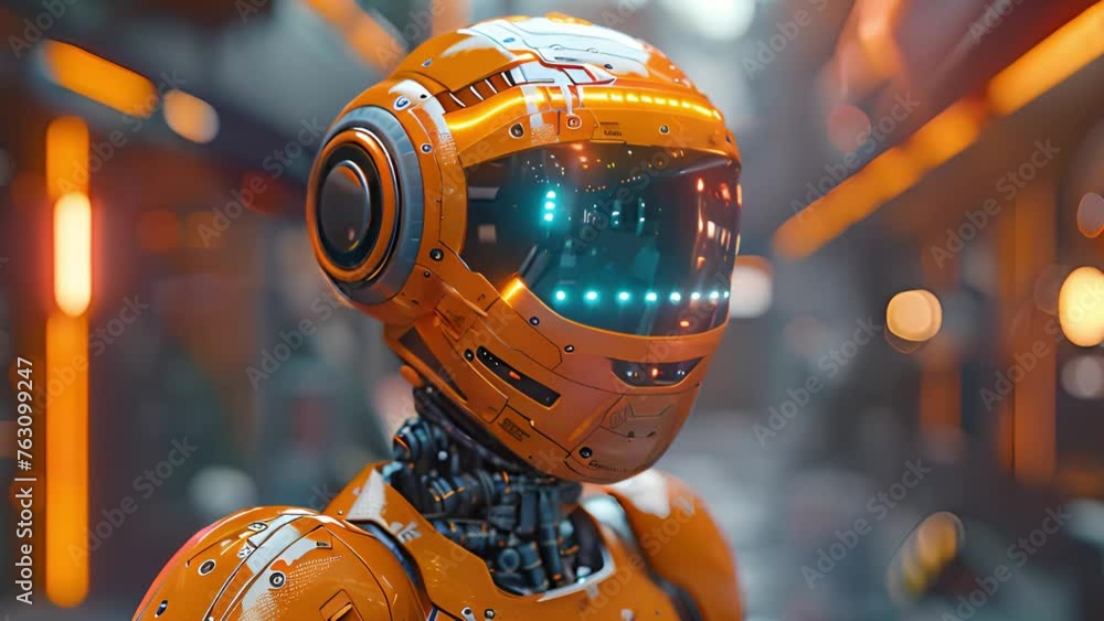 Poster futuristic android: dynamic robot animation, modern.