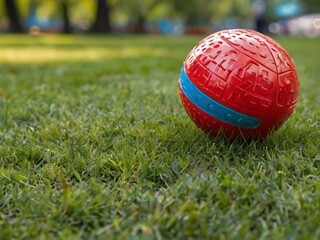 Naklejka premium Children's toy ball on the lawn in the park.