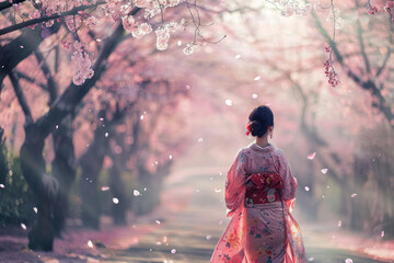 Beautiful Asian woman wearing traditional Japanese kimono on a nice spring day, enjoying cherry blossom season in Japan. - obrazy, fototapety, plakaty