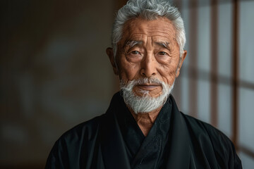 An 80-year-old Chinese man wearing a black robe, short hair. A man with a beard and gray hair is standing in front of a window. He is wearing a black robe and he is looking at the camera.