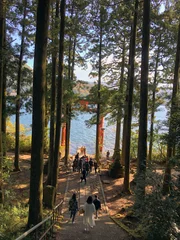 Foto op Plexiglas Images of Japan - Tourist Photo Stop by Shinto Torii Gate by Lakeside © Thomas G Weber