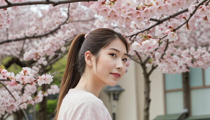 Naklejka premium Woman viewing cherry blossoms under a cherry tree